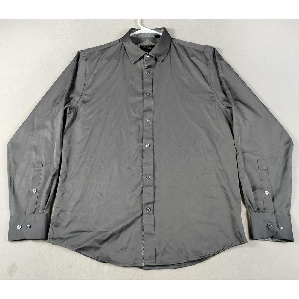 Flex Dress Shirt Mens Medium Gray Long Sleeve Button Front Business Casual